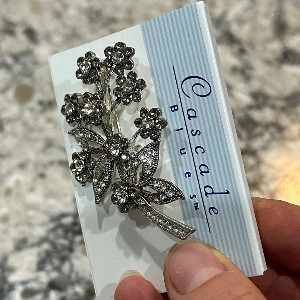 Silver Floral Crystal Brooch Vintage